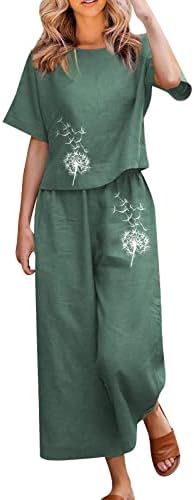 Подделни сетови за жени 2 парчиња, летни облеки Обични врвови за кратки ракави со долги панталони за текови