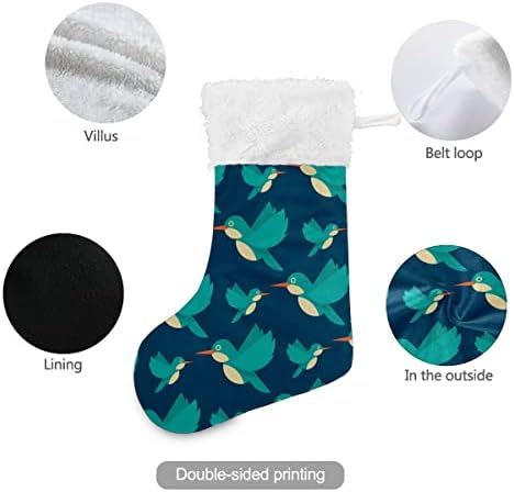 Божиќни чорапи сини колибри модели на морнарицата бела плишана манжетна мерцеризирана кадифена семејна празник персонализиран