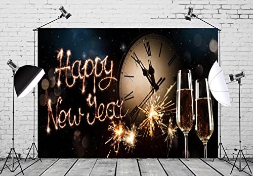 Beleco 10x6.5ft ткаенина Среќна новогодишна одбројување на часовникот Шампањ Црн Боке, сјајни места за огномет 2023 Среќна новогодишна