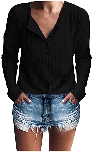 Женски долги ракави врвови женски плетени туники врвови лабави копче со долг ракав нагоре против кошули за вратот дами вежбаат
