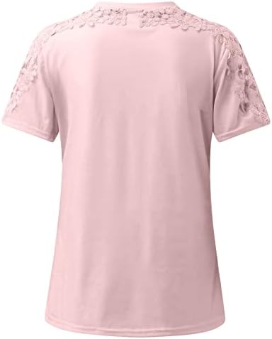 Жени 2023 летна обична маица гроздобер цветна чипка О-врат на вратот на лесни кратки ракави, лабава удобна блуза за туника