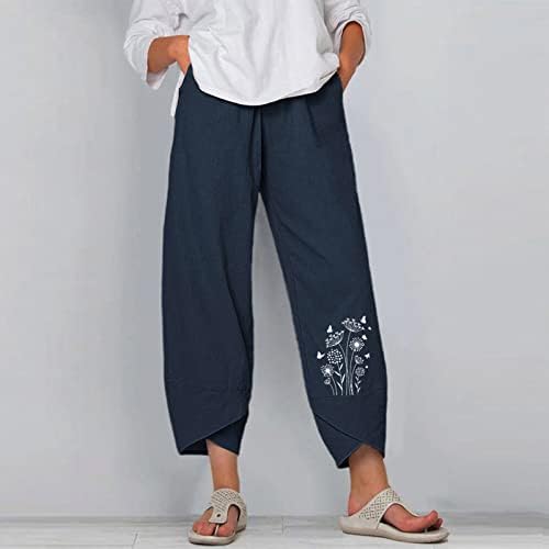 Летни постелнини панталони за жени со високи половини со памучни постелнини со цврста боја лето палацо хареми со џебови со џебови