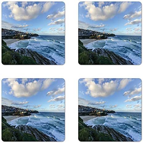 Лунарен Австралиски Сет за Подметнување 4, Пејзажна Фотографија Од Плажата Бонди Со Бели Песоци Од Градот Сиднеј, Квадратни Подлоги За Сјај На Табла, Стандардна Гол
