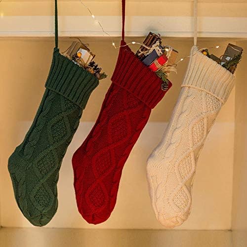 Zyxbshw 3 пакет кабелски плетени Божиќни чорапи, 18 божиќни столбови со големи димензии, Божиќ што виси за декор за сезоната