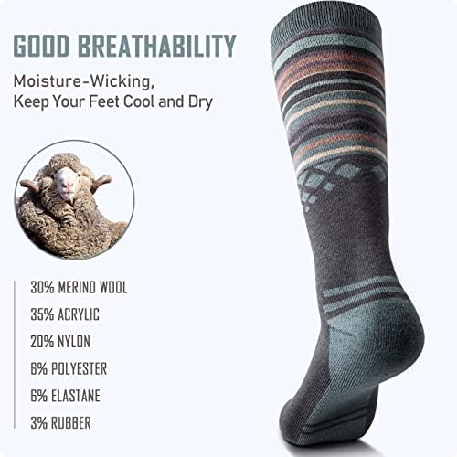Ски чорапи со 2-пакет мерино волна, над теле-манжетната што не се лизга за мажи и жени