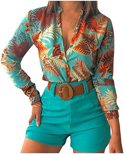 Модерен паб лето исечен долг ракав 2 парчиња женски плетен удобно v врат полиестер кошули мек тропски