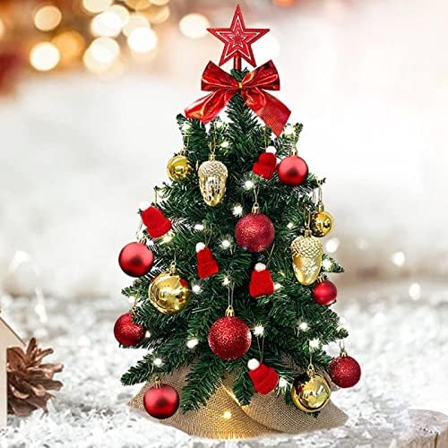 24 -инчен таблета елка, вештачка мини новогодишна елка со LED светло и златен бор конус и Божиќна капа и црвен лак и сјајна