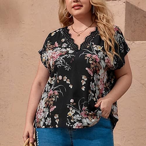 Лето плус големина врвови жени трепкање чипка V вратот маица обични цветни печатени блузи лабави вклопуваат удобни основни кошули