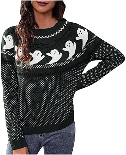Fzylqy Women'sенски 2022 есенски плетени џемпери симпатична плашлив графички плетен пулвер скокач со долг ракав, џемпер од Jerseyерси