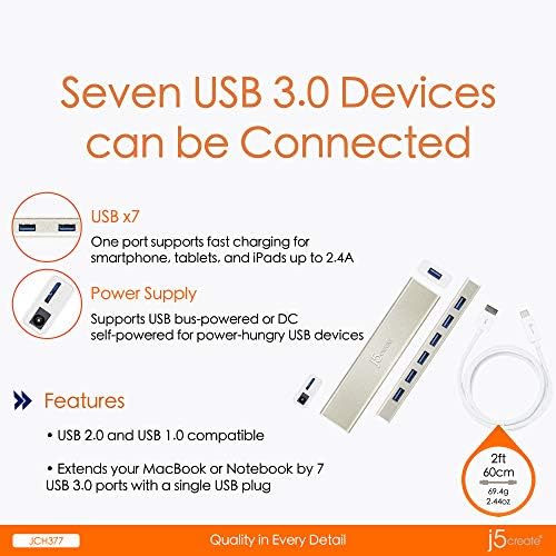j5create USB Тип-C до 7-Port USB 3.0 Центар За Податоци со 3 ft Продолжена Кале [20w Вклучен Адаптер за Напојување] За Mac,