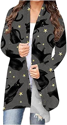 Ноќта на вештерките кардиган жени отворени предна долга шал блуза Топ мода печатење Елегантен треска лесен кошула надворешна облека