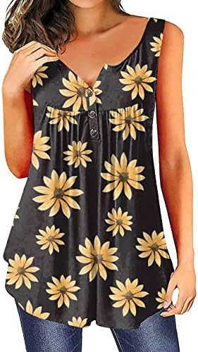 Butseенски празници блузи 2023 пролетно копче без ракави, јака маица со цвеќиња, печатење на обични женски резервоари, врвови