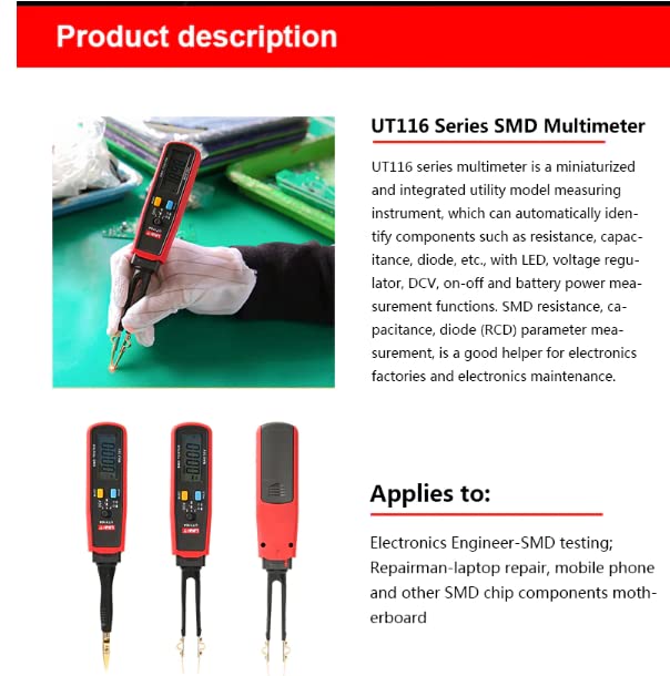 Uni-T UT116A SMD Тестерски метар мултиметар што може да се ротира за отпорност на пинцета за отпорност на пинцето за ладилни