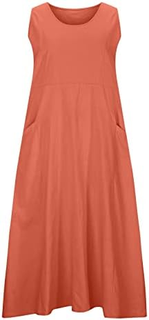 Хоксин женски летен памучен постелнина фустан модни џебови обични резервоари без ракави долги фустани цврста боја лабава фит