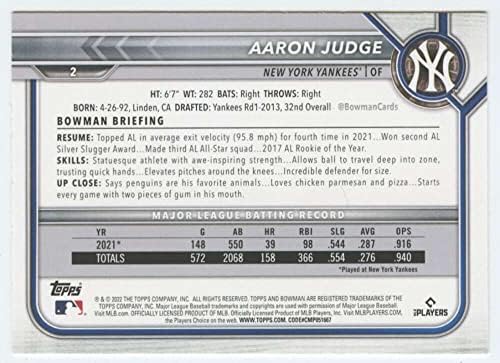 2022 Bowman #2 Арон судија Newујорк Јанкис МЛБ Бејзбол Трговска картичка
