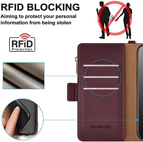 Antsturdy За samsung Galaxy A53 5G 6.5 паричник случај q Rfid Блокирање Zrfid Poket Zippre 7 Слот За Картички пу Кожа Флип Фолио