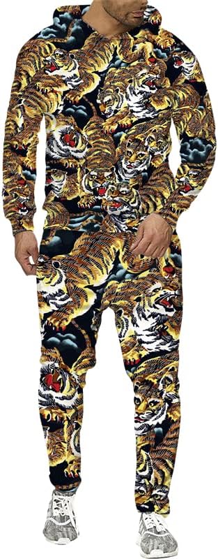 3Д тигар печатени мажи со дуксери панталони за џемпери со џемпери со качулка, патеки за џемпери 2 парчиња