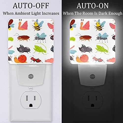 2 пакет LED ноќно светло автоматско/вклучено/исклучување на прекинувачот, грешки во цртани филмови Бебеш инсект идеално за спална