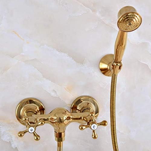 Полиран златна боја месинг за бања за бања, држена глава за туширање, поставена миксер за миксер со двојни вкрстени рачки