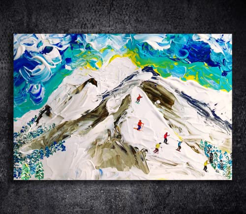 Снежен планински пејзаж ски скијач Снежен оригинален апстрактно масло сликарство платно зимски спорт ликовни уметности уметнички
