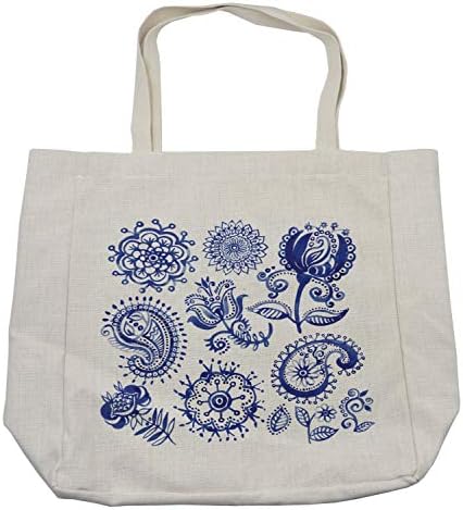 Амбесон-сина и бела торба за купување, старомодни мотиви во акварел стил Пајсли Мандала Флорална, еколошка торба за еднократно