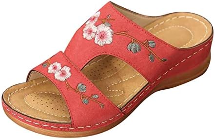 Летни папучи за жени модни клин -пета сандали Исклучителни везови цветни слајдови премиум жени чевли