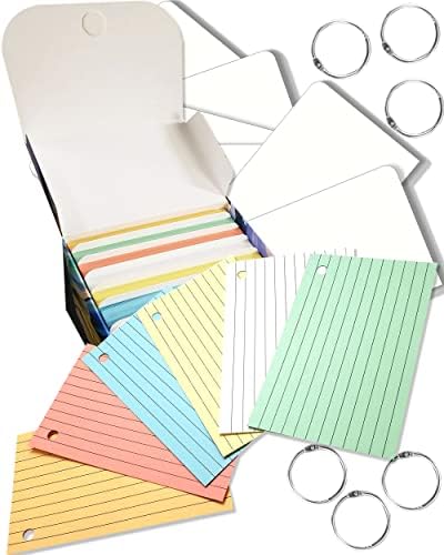 300 празни картички за индекс со кутија за складирање - изработени во САД од Дебра Дејл Дизајнс - 4 x 6 90# Индекс Notecards - Управувани со единечни дупки, шест прстени, бои и в