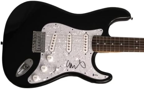 Крис Мартин потпиша автограм со целосна големина Црна Фендер Стратокастер Електрична гитара со автентикација на Бекет Бас -