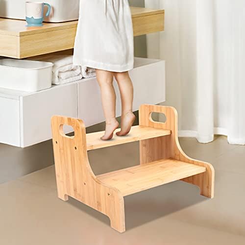 Fetcoi Bamboo 2 Step Stool за деца, одвојлив столче за чекори со чекори што не се лизгаат и 2 рачки за отсекување