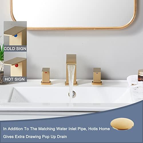 Hotis Home модерна четкана четка за злато бања, 8-инчен 3 дупки од месинг суета, тапа за бања за мијалник 3 дупки, 2 рачки водопади