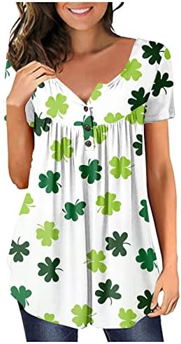 Women'sенски врвови плус големина Скриј стомак Туника 2023 летни маици со краток ракав, Хенли, симпатични маици, облечени обични