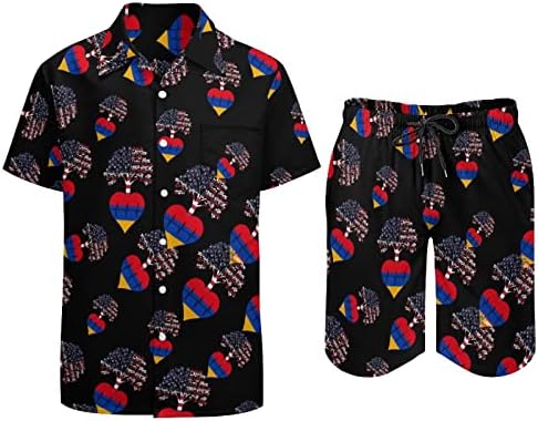Ерменија САД корен од срцев ритам мажи 2 парчиња хавајски сет копче-долу кошули со кратки ракави, панталони за плажа лабави вклопени манжетни тренерки