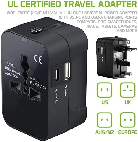 Travel USB Plus Меѓународен адаптер за напојување компатибилен со Lava X11 за светска моќ за 3 уреди USB Typec, USB-A за патување