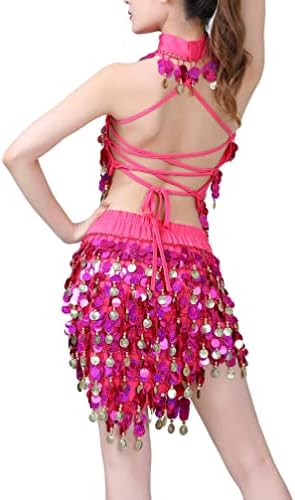 Hulулија жени Tassel Sequin Sequin Latin Dance Outfits Belly Cha-Cha Crop Tops со костум за перформанси на сцени со здолништа