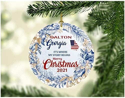 Среќно Божиќно украсно дрво 2022 Далтон Georgiaорџија Орнаменти Тоа е местото каде што започнува мојата приказна, Далтон Га Сити Роден град Државен подарок Божиќ Декора