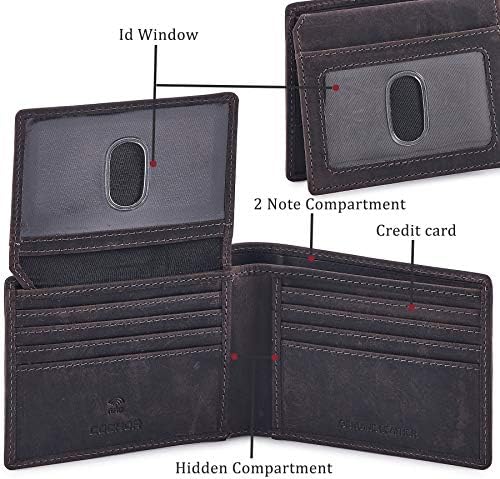 Реална кожа од машката кохоа РФИД блокирајќи ја бифлд паричникот Стилска безбедност против кражба со 2 прозорец за лична карта